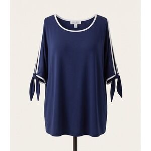 Spense Woman Navy White‎ Contrast Trim Tie Sleeve Scoop Neck Top Plus 3XL